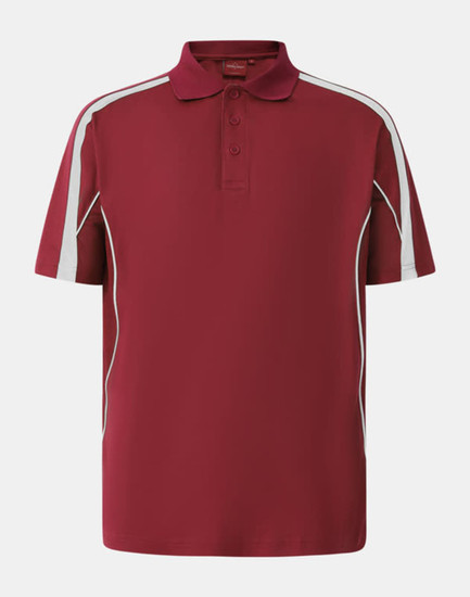 A maroon polo shirt featuring white stripes and a logo. It has a classic collar and short sleeves.