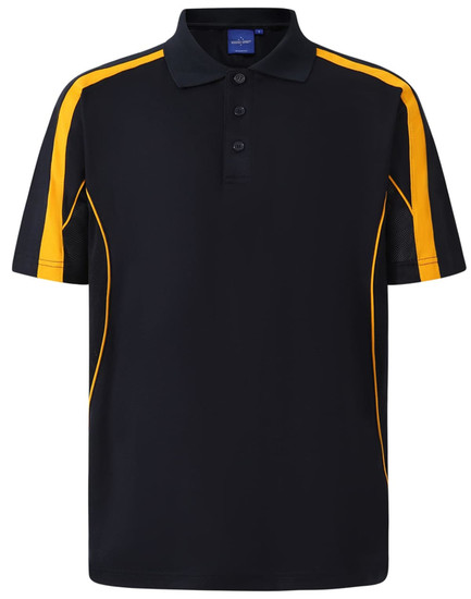 A navy polo shirt featuring yellow accents and a collar, designed with short sleeves and a logo.
