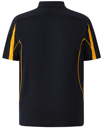 A navy blue polo shirt with yellow accents, featuring a collar and short sleeves. It has a logo on it.