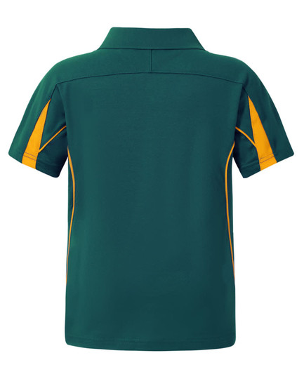 A kids' short-sleeve polo shirt in green with yellow accents and a logo. The back view is displayed.