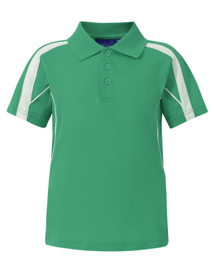 A green kids' short-sleeve polo shirt with white accents and a collar, featuring a logo on the chest.