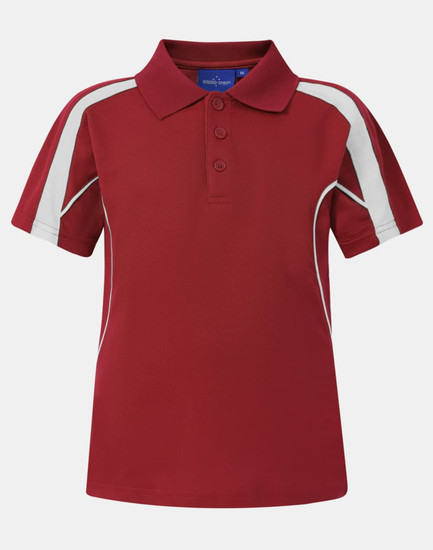 A red polo shirt featuring white accent panels and a classic collar, with three buttons at the front.