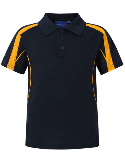 A navy blue polo shirt with yellow accents and a mesh detail on the sides. It features a collar and three buttons.