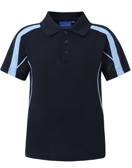 A navy blue kids' polo shirt featuring light blue stripes and a collar, with a logo on the chest.
