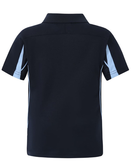A short-sleeved navy polo shirt featuring light blue accents and a logo on the back.