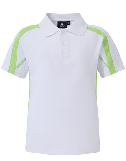 A short-sleeved white polo shirt with green accents and a collar, featuring a logo on the front.
