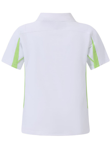 A white kids' polo shirt with green accents on the sides and a collar, featuring a logo.