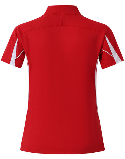 A red polo shirt with white detailing, featuring a collar and short sleeves. It has a logo on the chest.