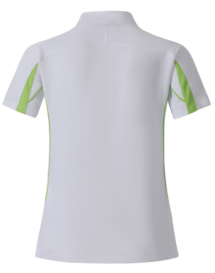A white polo shirt with green accents, featuring a collar and short sleeves, has a logo on it.