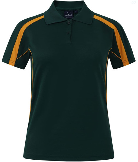 A green polo shirt with yellow detailing and a logo on the chest. Short sleeves and a classic collar design.