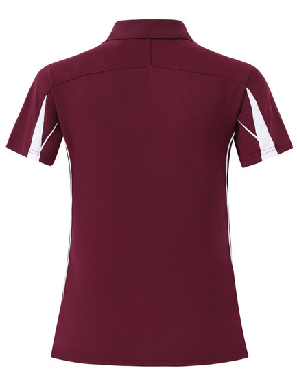 A maroon short sleeve polo shirt with white accents and a logo on the chest.
