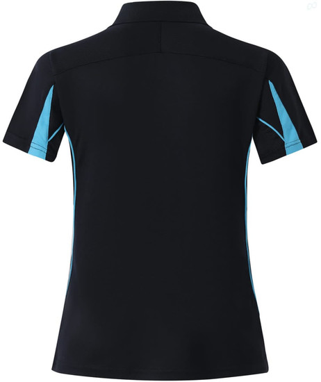 A black polo shirt with short sleeves featuring turquoise accents and a logo on the back.