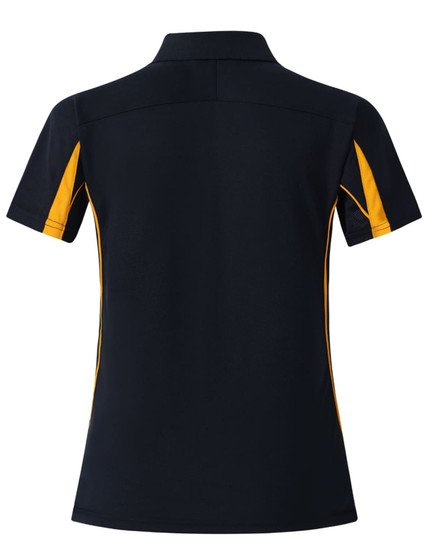 A black polo shirt with short sleeves featuring orange side panels and a logo. Back view displayed.