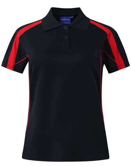 A black polo shirt with red accents, featuring short sleeves and a collar. It has a logo on the chest area.