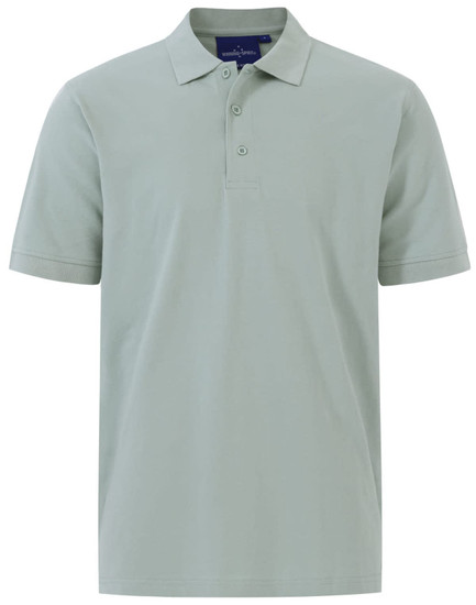 A light green men's cotton stretch polo shirt with a collar and three buttons, featuring a logo on the chest.