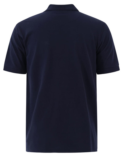 A navy blue men's cotton stretch polo shirt featuring a classic design and a logo on the back.