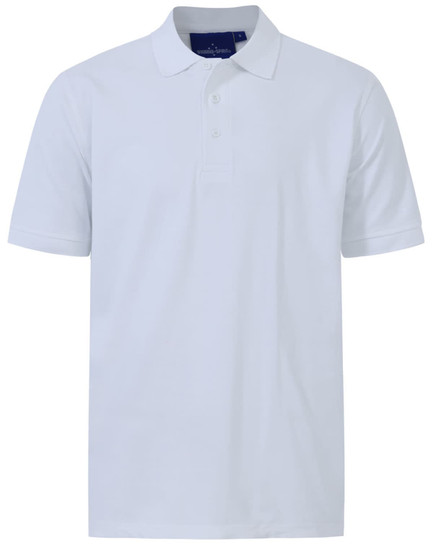 A white men's cotton stretch polo shirt with a classic collar and short sleeves, featuring a logo on the chest.