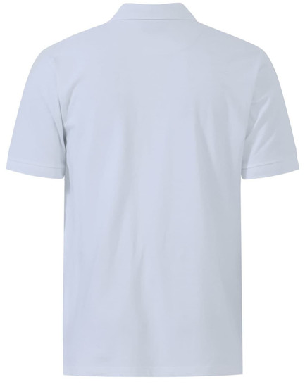A light blue men's cotton stretch polo shirt with a collar, featuring short sleeves and a logo.