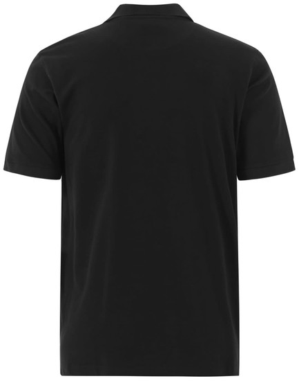 A black men's cotton stretch polo shirt featuring a short sleeve design and a collar. It has a logo on the back.