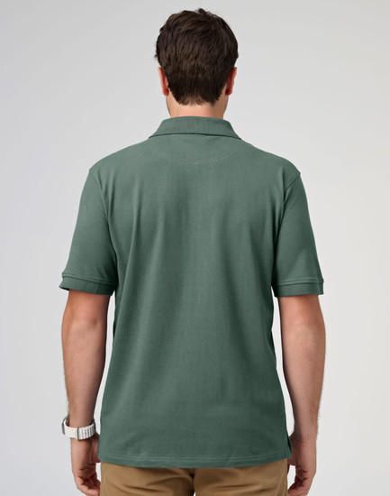 A men's cotton stretch polo in a green hue, featuring a classic polo collar and short sleeves, with a logo.