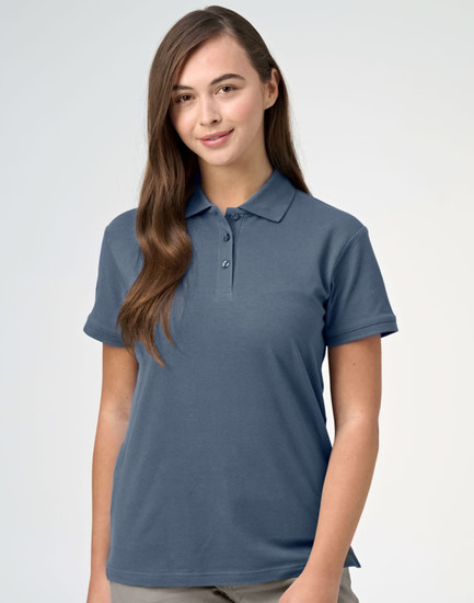 A ladies cotton stretch polo in a soft blue colour, featuring a collar and short sleeves. The garment has a logo.