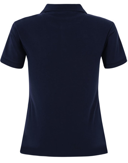 A navy ladies cotton stretch polo shirt featuring a classic polo collar and short sleeves. It has a logo on the front.