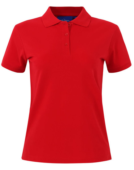 A red ladies cotton stretch polo shirt with a collar and three-button placket. It features a logo on the chest.