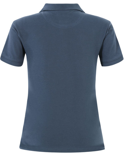 A ladies cotton stretch polo in navy blue, featuring a classic design and a branding logo.