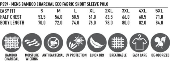 A men's short sleeve polo shirt in bamboo charcoal, featuring eco fabric with a breathable and moisture-wicking design.
