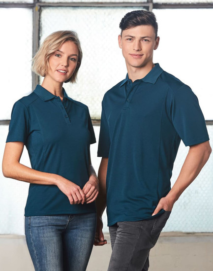 A teal men's polo shirt with a classic collar and a logo, displayed on a male model.