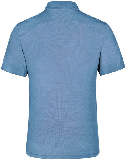 A blue polo shirt with a collar and short sleeves, featuring a logo on the back.