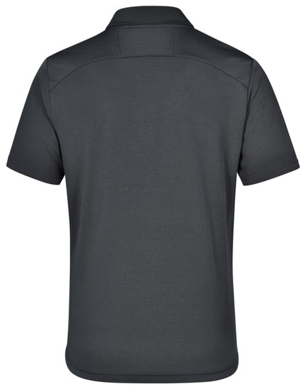 A dark grey polo shirt with a classic collar and short sleeves. Features branding on the back.