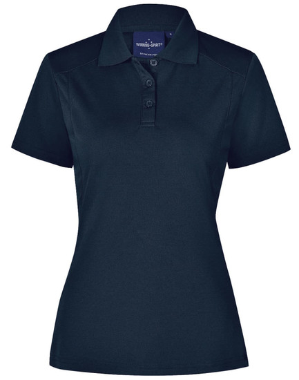 A navy blue ladies' polo shirt with a collar, short sleeves, and a button-up front. It features a logo on the chest.