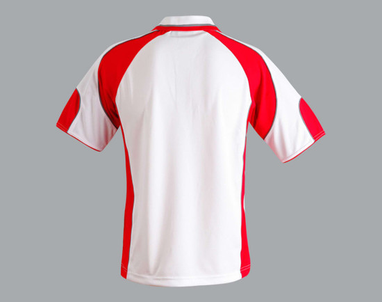A polo shirt featuring a white body with red sleeves and accents. It has a logo on the chest area.