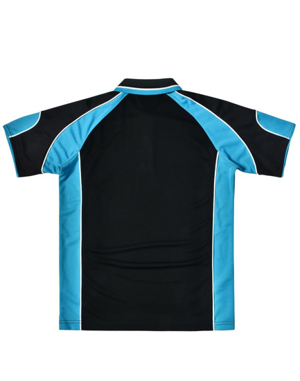 A black polo shirt with blue accents and a logo on the back.