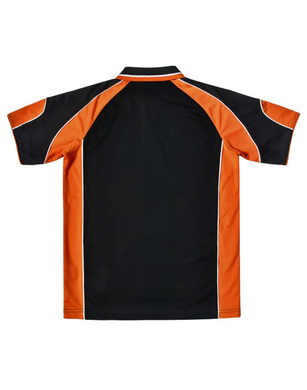 A men's polo shirt featuring black and orange panels, with a logo on the front. Back view displayed.
