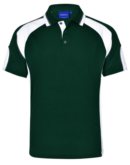 A green polo shirt with white accents and a logo on the chest. Features a classic collar and short sleeves.