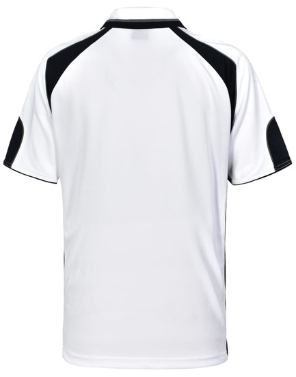 A white polo shirt with black accents and a logo on the back. The shirt features short sleeves and a classic collar.