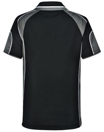 A black polo shirt with grey accents and a logo on the upper back.