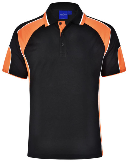 A black polo shirt with orange accents and a collar, featuring a logo on the chest area.