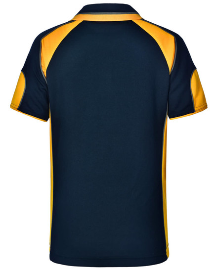 A navy blue and yellow polo shirt featuring a logo on the back.