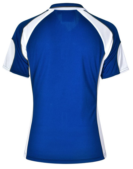 A blue and white ladies' polo shirt featuring a sporty design and a logo.