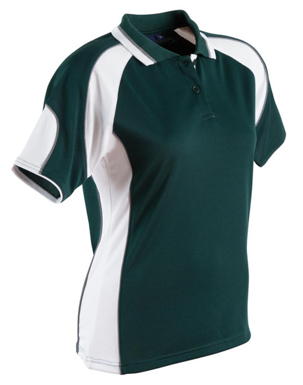 A green and white polo shirt featuring a collar and short sleeves, with a logo on the chest.