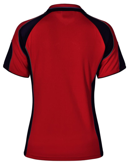 A red polo shirt featuring navy accents and a logo, designed for women's wear.