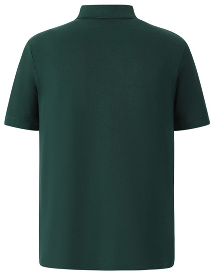 A green men's polo shirt featuring short sleeves and a collar, with a branding logo on the back.