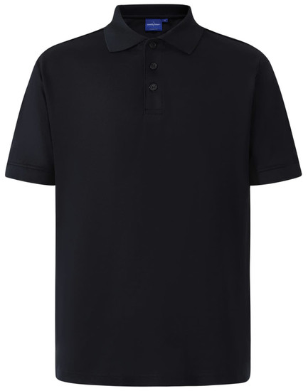 A navy blue men's polo shirt with a collar, short sleeves, and a logo on the side.