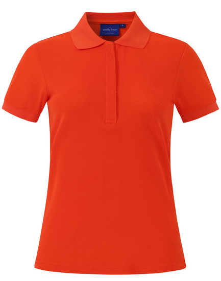 An orange Ladies' Connection Polo shirt with a classic collar and rolled sleeves, featuring a branding logo.
