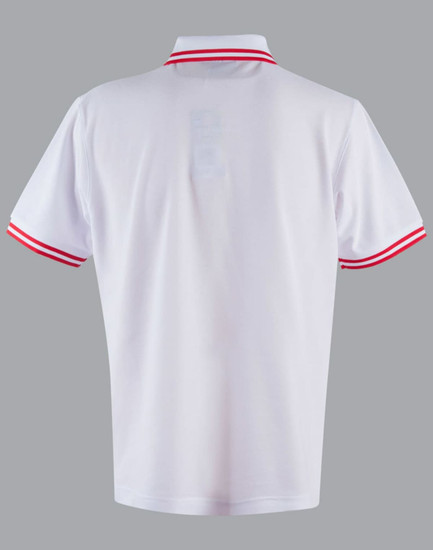 A white polo shirt featuring red striped detailing on the collar and sleeves. It has a logo on the front.