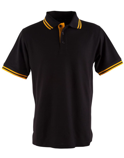 A black polo shirt with yellow striped accents on the collar and sleeves, featuring a logo on the chest.