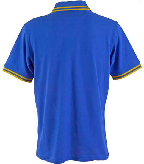 A blue polo shirt with yellow and green striped detailing on the collar and sleeves. It features a logo.